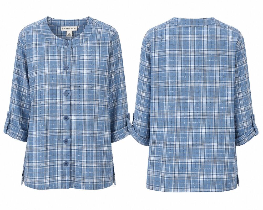 Haymaker Blue Plaid Button Front Top M Cotton Blend 3/4 Sleeve Cottage Y2K